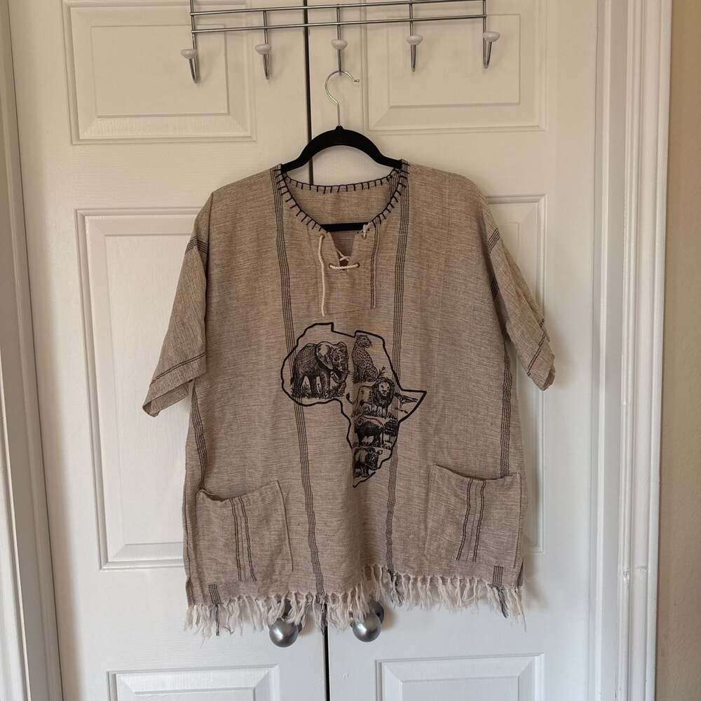 Handmade African Woven Lion Graphic Fringe Hem Short Sleeve Shirt